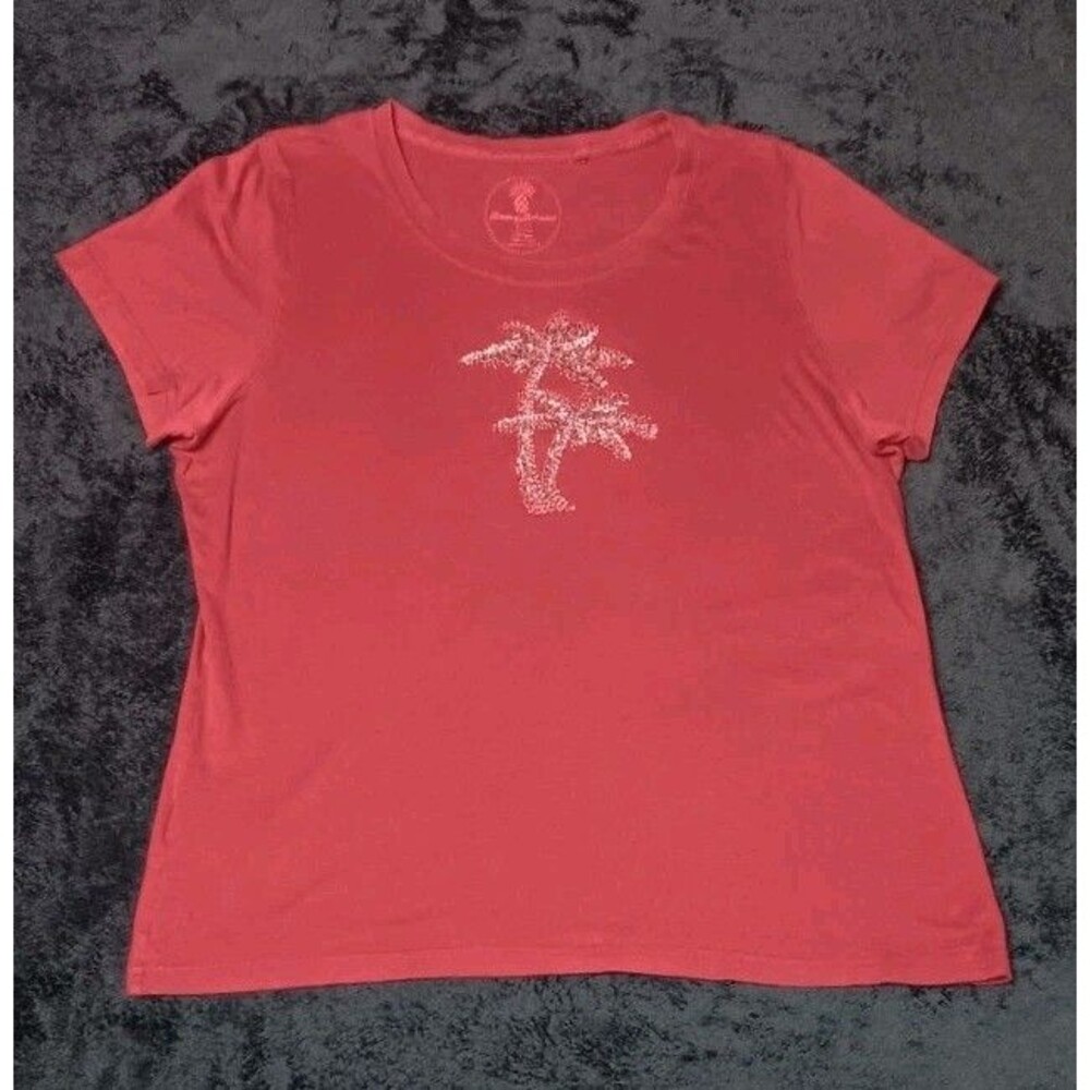Tommy Bahama Short Sleeve Beaded Shirt XL Red Tropical Palm Tree Beach Coastal
